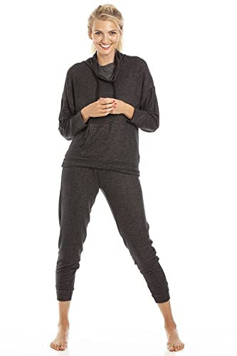 Camille Women's 2 Piece Super Soft Pyjama Set - Knitted Hacci Full Length PJ Set - Cowl Neck Long Sleeved Top & Elasticated Waist for Ultimate Comfort and Warmth Charcoal X-Large