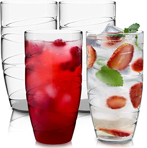 HEFTMAN Plastic Tumblers Set of 4-550ml Acrylic Tumbler Glasses with Swirl Design, Stackable Re-usable Plastic Glasses for Garden, Picnics, Camping, BBQs, Parties or Everyday Use (Clear)