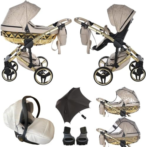 Junama Diamond Heart V3 2in1 3in1 4in1 Baby Kinderwagen Kinderwagen Autositz ISOFIX + Regenschirm Exklusive Kinderwagen (3in1, Beige-Gold 07)