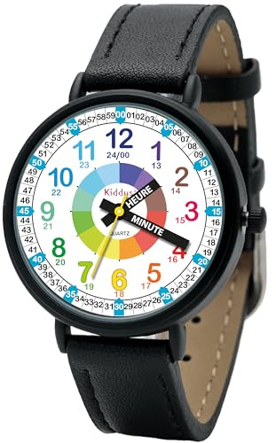 Kiddus Lernuhr Kinder, Analoge Armbanduhr ab 5 Jahren, Jungen Mädchen | Erste Lern-Armbanduhr, Schwarz PU-Leder, 3ATM nur für Spritzwasser, klassische Zeiger und große Zahlen