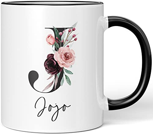 JUNIWORDS Tasse, Jojo, Name Anfangsbuchstabe Initial Alphabet Floral Buchstabe J Monogramm Motiv, Schwarz (5577387)