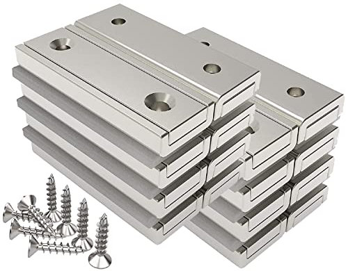 Magnetpro 16 Stück Rechteckmagnete 20 KG Kraft 40 x 13,5 x 5 mm mit Loch und Stahlkapsel, Haushalt und Industrielle Topfmagnet mit Schrauben