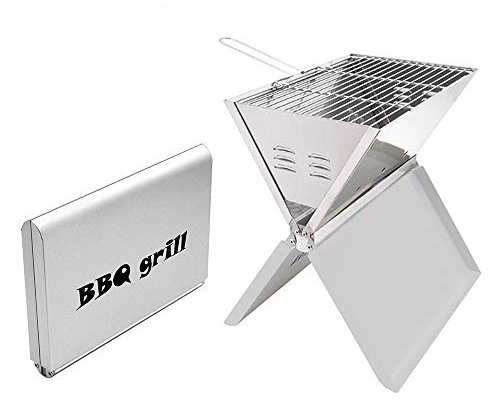 Lightakai Holzkohlegrill, Tragbarer BBQ Standgrill Edelstahl Faltbarer Camping Klappgrill Notebook BBQ Grill für Camping Garten BBQ-Partys, 36 x 24 x 39 cm (Silver)