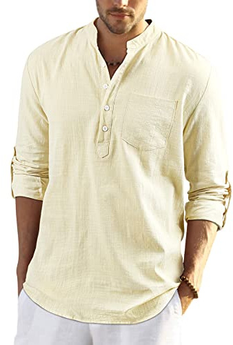 Enlision Mens Cotton Linen Shirts Summer Lightweight Beach Shirt Long Sleeve Roll Up Collarless Beige Henley Shirt 3XL