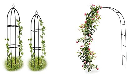 Relaxdays Rankturm 2er Set, freistehend & Torbogen Rankhilfe für Kletterpflanzen und Rosen 240 cm, Rosenbogen aus Metall witterungsbeständig, grün, 240 x 140 x 38 cm