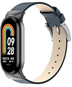 QINOUK Armband für Xiaomi Mi Smart Band 8, [Atmungsaktives] Echtes Leder Uhrenarmband, Dornschließe Design, Ersatz-Armband für Xiaomi Smart Band 8-Blau