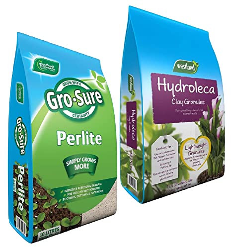 Perlite & Hydroleca Houseplant Growing Bundle - Lightweight Hydroleca Ceramic Clay Granules 10L & Gro-Sure Perlite 10l Potting Mix with Topline Card for Garden Plants, Vegetables, Orchids and more..