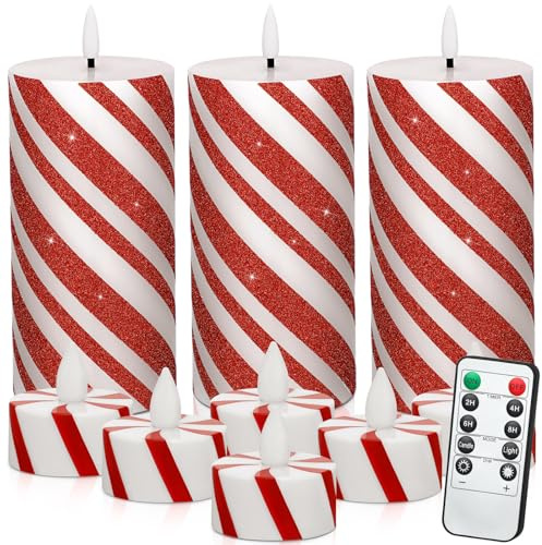Baquler 9 Stück Weihnachten LED Zuckerstange Kerzen und Weihnachten flammenlose Teelichter Set 15,2 cm Zuckerstange Streifen Urlaub LED flammenlose Stumpen batteriebetriebene Kerzen für Zuhause