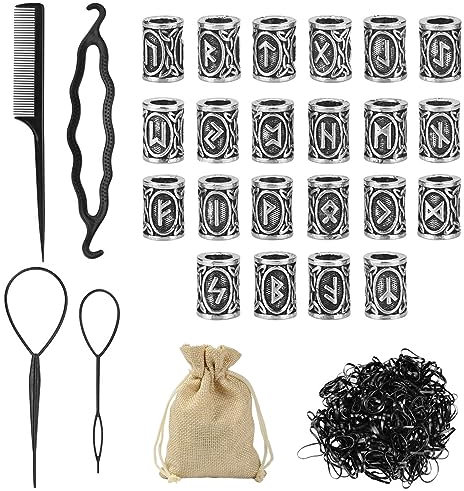 HIFOT 24 Stück Bartperle Wikinger Rune Perlen Set, Haare Flechten Bart Perlen mit 400 Gummibänder und Einfädler Kamm, Armband Halskette Anhänger DIY Dreadlocks Schmuck, Nordische Haarperlen Silber