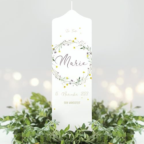 Wandtattoo Loft weiße Taufkerze Kerze zur Taufe oder Geburt mit Kranz aus Wildgräsern mit Name Datum Taufspruch, Taufkerze 25 x 7 cm