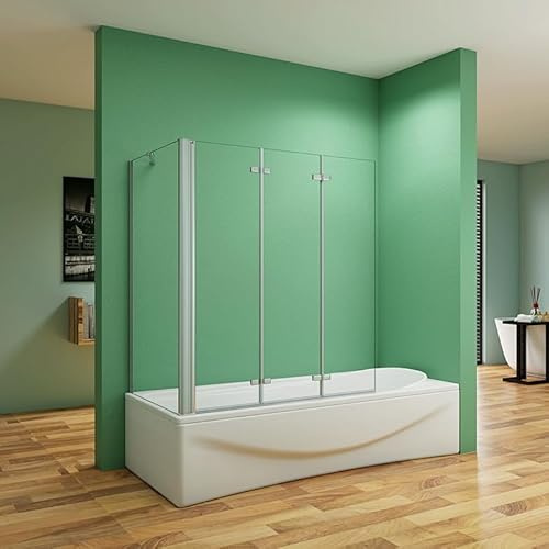 Aica Sanitär Badewannenaufsatz Eck Duschwand Badewanne 3-tlg.Faltwand mit Seitewand 6mm Nano Glas H140cm,130x75cm