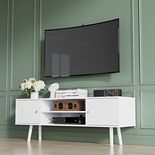 Cozy Castle TV Lowboard Weiß mit Akku-Steckdose, 2 Schranktüren, TV Schrank für Fernseher bis zu 55 Zoll, Wohnzimmer TV Cabinet, Schlafzimmer Fernsehtisch
