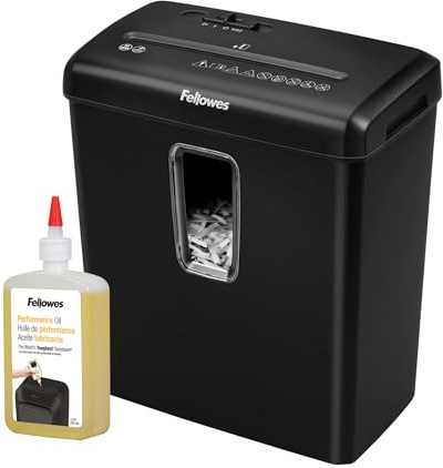 Fellowes Aktenvernichter FS-6C Premium Bundle mit Öl, Papierschredder, 6-Blatt-Partikelschnitt, Aktenvernichter P4, Schredder für Büro und Homeoffice, 15L Papierkorb, verarbeitet Kreditkarten, Schwarz