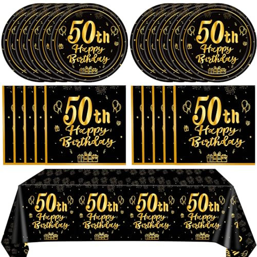41PCS 50th Birthday Party Decorations Black Gold Vintage 1975 Birthday Disposable Tableware Included Plates Napkins Tablecloth for Men Women Fifty Year Old Birthday Decor
