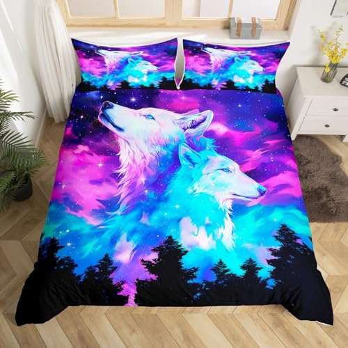 Homewish Galaxy Wolf Bettbezug 135x200 für Mädchen Jungen Kinder,Lila Teal Bunte Sternenhimmel Bettwäsche Set Trippy Zimmer Dekor,Safari Tier Wildlife Tröster Abdeckung Wölfe Bett Set