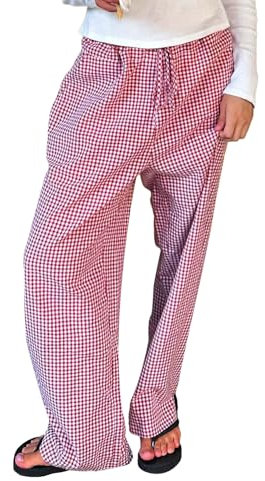 Geagodelia Damen Pyjamahose Sommer Pyjama Hosen Schlafhose Leichte Gestreifte Lange Hose Y2k Lounge Pants Sommerhose Freizeithose Nachtwäsche (F - Rot Karierte, L)