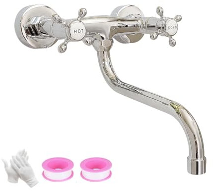 NIUKOMY Grifo de Cocina de Pared Latón Cromo, Mezclador Mural de Giratorio 360°, Grifería de Doble Mango con Cerámica, Agua Fría y Caliente Mezclador de Fregadero para Cocina Baño Lavandería