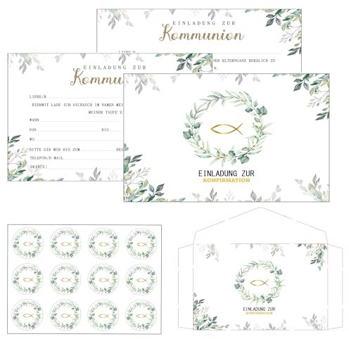 Olanstar 12 x Einladungskarten zur Erstkommunion mit goldenem Fisch- und Blattmotiv, Konfirmationskreuz, Umschlag und Kommunionaufklebern für Jungen und Mädchen