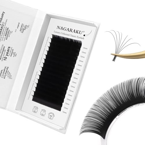 NAGARAKU Pestañas Individuales Clásico 1:1 Pestañas Postizas Pelo a Pelo Colección Lujo De 3.ªGeneración Volumen Natural Hechas Suaves Professional Single Eyelash Negro Mate 16 Filas(0.07mm C 12mm)