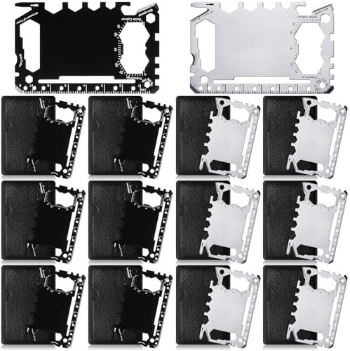 Cholemy 12 Stück Kreditkartenetui, Multitool, 46-in-1, Metall, Edelstahl, Überlebens-Taschen-Werkzeug, Flaschenöffner, Mehrzweck-Flaschenöffner für Ehemann, Freund, Erwachsene, Männer (Schwarz, Silber