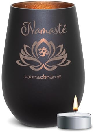 PR Print Royal Windlicht mit Gravur - Namasté Lotusblume OM-Mantra - mit Name - Yoga-Geschenk für Frauen, Personalisierte Geschenke für Yogalehrerin | inkl. Teelicht, 450 ml, Schwarz/Bronze