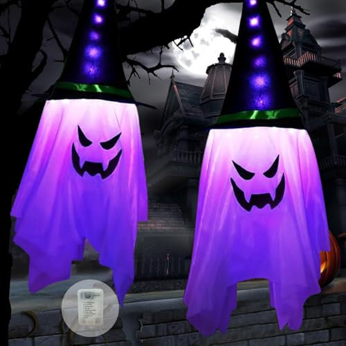 Luci Halloween Decorazioni Esterno, 2 Pezzi Fantasma Decorazioni Halloween con Cappello Strega LED, Addobbi Halloween Casa 8 Modalità, Fantasmi da Appendere per Festa di Halloween, Giardino -Viola