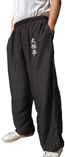 TAO MARTIAL Kung Fu Pants Wing Chun Tai Chi Style with Pockets, Loose Pant Rayon V3 (TJ Black, Size XL)