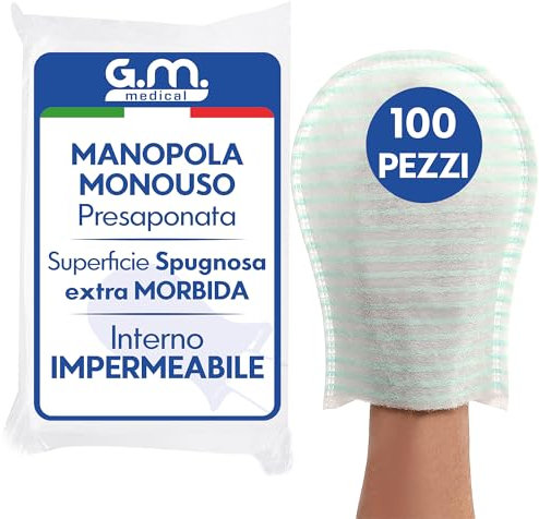 100 Manopole Saponate Monouso di Alta Qualità, Impermeabili all'interno, con Soffice Spugna Esterna, Guanti Saponati Monouso Delicatamente Profumati, Senza Risciacquo, Guanti Saponati per Anziani
