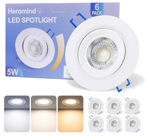 Heromind Juego de 6 Downlight Led Empotrable, 230V 5 W Foco Techo Orientable, 3000K Cálido/ 4500K Natural/ 6000K Frio Focos LED Interior Techo, Apertura 73-89 mm, Downlight con Ángulo Ajustable