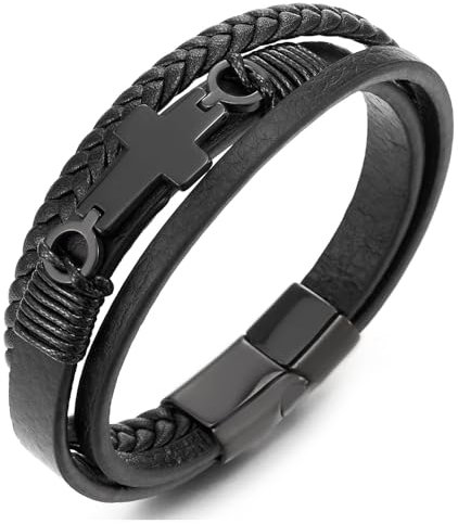 COOLSTEELANDBEYOND Schwarz Edelstahl Horizontalen Seite Seitlich Flacher Kreuz Drei Stränge Geflochtene Lederarmband Armreif für Herren