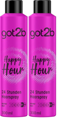 got2b Haarspray Happy Hour Halt 5 (100 ml), 24 Stunden Haarspray für extremen Halt und langlebige Styles, schützt das Haar vor dem Austrocknen (Packung mit 2)