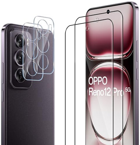 ELYCO Cristal Templado para OPPO Reno 12 Pro 5G, 2 Piezas 3D Protector de Pantalla + 2 Piezas Protector de Lente Cámara, 9H Dureza Anti-Rasguños Protector Pantalla, Sin Burbujas HD Vidrio Templado