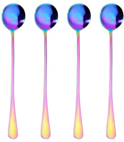 Oruola 4 Pcs Long Teaspoons,Sundae Spoons,Long Spoons for Latte Glasses,Stainless Long Handled Teaspoon for Coffee, Tea, Desserts, Ice Cream, and More - 7.48 Inches (Rainbow Color)