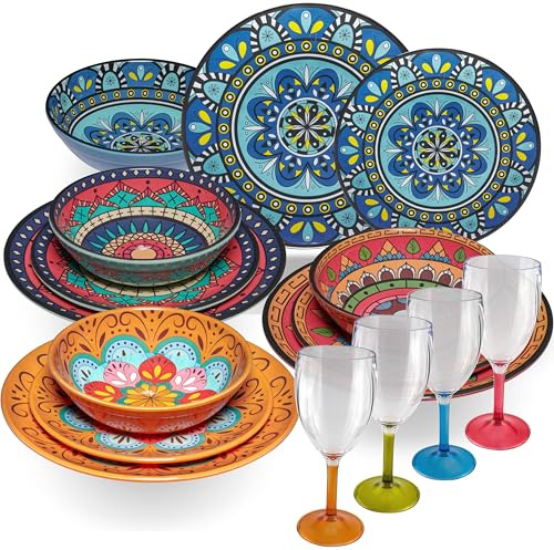 Service de table en mélamine Toscane pastel pour 4 personnes – 16 pièces – Multicolore – Aspect mandala avec verres à vin de couleur assortie 290 ml en acrylique Vaisselle de camping caravane camping