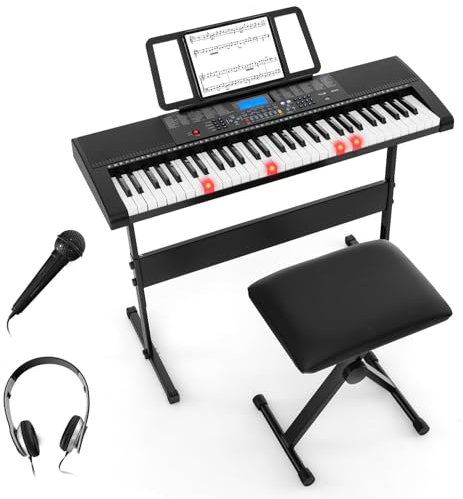 DREAMADE 61 Tasten Keyboard Piano mit Ständer & Hocker, 3 Unterrichtsmodi, Digital Piano mit 600 Tönen, 400 Rhythmen, 50 Demo-Songs, Mikrofon, Elektronisches Klavier für Anfänger (600 Töne)