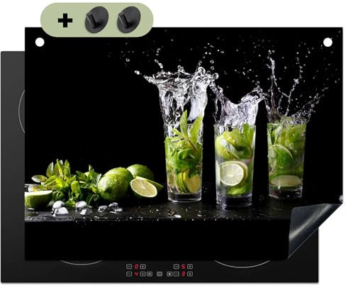 KitchenYeah© Herdabdeckplatte 70x52 cm Einteilig Herdabdeckung Abdeckplatte für Ceranfeld Abdeckung Induktionskochfeld, Spritzschutz Küchenrückwand Limette - Minze - Glas - Cocktail