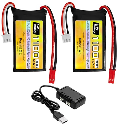 ZYGY 2PCS 7.4V Lipo Batterie 2S 30C 1100mAh mit JST Stecker+1 Anhänger mit 2 Ladegeräten für WLtoys A949 A959 A969 A979, die meisten RC Spielzeugautos mit 1/10, 1/16, 1/18, 1/24 Verhältnissen