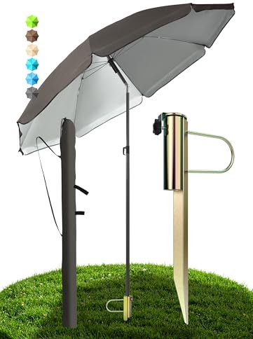 Menz Sonnenschirm Strand in Taupe - 3er Set inkl. Strandschirm windfest stabil + Rasendorn Sonnenschirmhalter + Sonnenschirmhülle, Sonnenschirm mit Rasendorn, robuster Schirmspieß für Garten