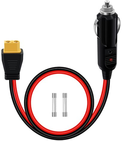 YINGAYOU XT60 Zigarettenanzünder Kabel 14AWG 20A Zigarettenanzünder auf XT60 12 V 24 V Stecker mit LED Anzeigeleuchten 15A 20A Ersatzsicherungen, für Solar, Auto, Motorrad (1 m)