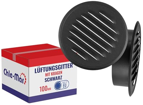 Chle-Mar Lüftungsgitter Rund Ø 100 mm aus Metall mit Einsteck-Kragen | Abluftgitter & Belüftungsgitter pulverbeschichtet, Lüftungsabdeckung & Luftgitter für Wand und Decke, Schwarzes