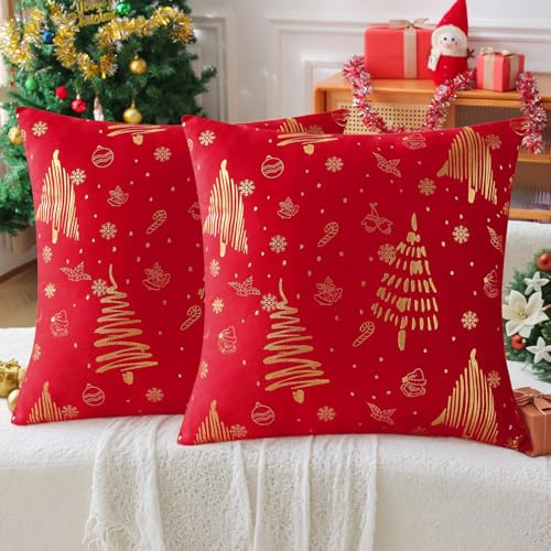 Brylleii 2er Set Weihnachtskissenbezug 40x40 Schneeflocke Kissen Tannenbaum Gold Rot Kissenbezüge Weihnachtsdeko Kissenhülle Weihnachten Zierkissenbezug Dekokissen für Wohnzimmer Winter Couch Sofa