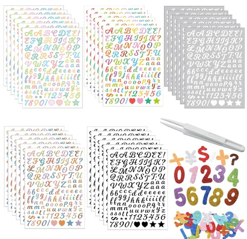 30 Blätter Buchstaben Aufkleber mit Großbuchstaben und Kleinbuchstaben | 3480 Stück Vinyl Klebebuchstaben, 36 Stück Moosgummi Zahlen Glitter, Wetterfest Selbstklebende Aufkleber mit 1 Pinzette