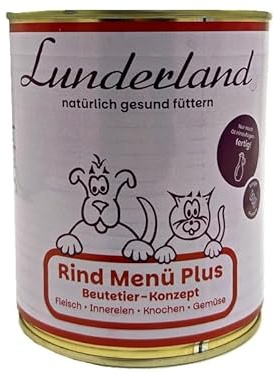 Lunderland Rind Menü Plus 2 x 800g Dose (insg. 1,6kg) I Hundefutter I mit Rindfleisch, Süßkartoffel, Fleischknochen,Pansen, Leber, Niere, Rinderblut, Seealgenmehl I Nassfutter I Dosenfutter