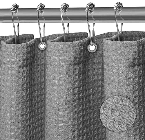 KAIMEIYU Duschvorhang Waschbar Textil Polyester Stoff Bad Vorhang mit 12 Metall Duschvorhangringen Wasserdicht für Dusche und Badewanne 180 x 200 cm Waffel Grau