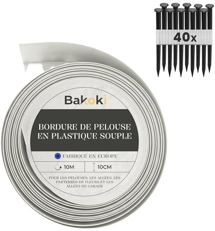 BAKOKI Flexible Rasenkante (10 m | 40 Erdanker | 10 cm Höhe) Weiß Kunststoff Wetterbeständige Rasenabgrenzung Beeteinfassung Rund - Blumenbeet Umrandung - Mähkante