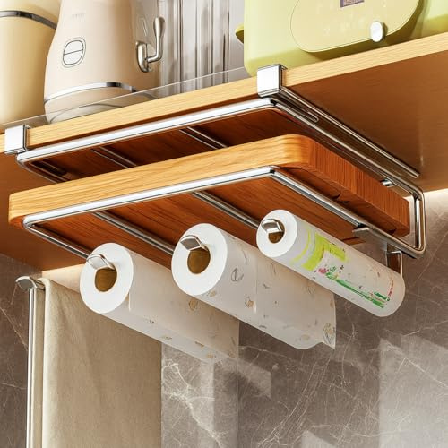 Thrink Under Cabinet Cutting Board Holder with Roll Holder Stainless Steel, Heavy Duty Chopping Board Organizer Rack, Space-Saving No Drill Cutting Board Storage for Kitchen Cabinets