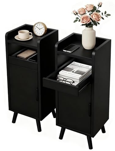 Nachttisch Schmal, Nachttisch 2er Set Schwarz, Kleiner Nachtschrank Holz mit Tür, Beistelltisch mit Ausziehbare Tablett, Nachttischen mit Metallgriff für Schlafzimmer, Wohnzimmer (2, Schwarz)