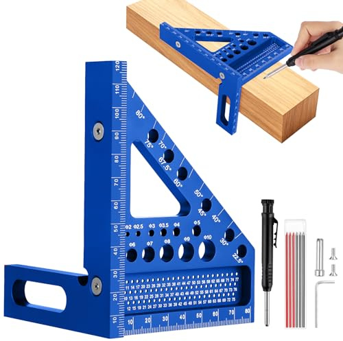 Flintronic 3D-Gehrungswinkel, 120MM, Aluminium Winkelmesser Metall 22.5-90 Winkelmaß, Multifunktional Präz.-Gradmesser Lineal mit Bleistift und Minen für Holzarbeiten Heimarbeit Handwerker, Blau