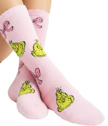 A+ Prime Grinch-Socken Damen & Mädchen – Weiche Weihnachtssocken, Kuschelsocken – Pink, Warm, Lustiges Grinch-Geschenk – Größen 35–38/39–42