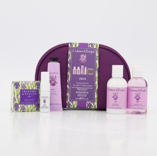 Crabtree & Evelyn Iris Travel Set, 5er-Pack Körperpflege-Kollektion mit Badegel, Körperlotion, Handcreme, Körpernebel, Seife und Kosmetiktasche